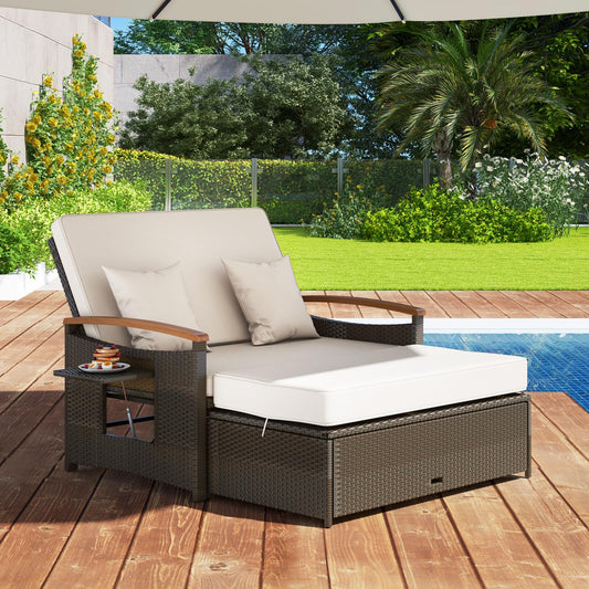 GIANTEX Rattan Lounge Gartenmöbel Set 2-Sitzer mit Doppelliege & Hocker, Outdoor Sofa mit Stauraum, verstellbar für Balkon & Terrasse
