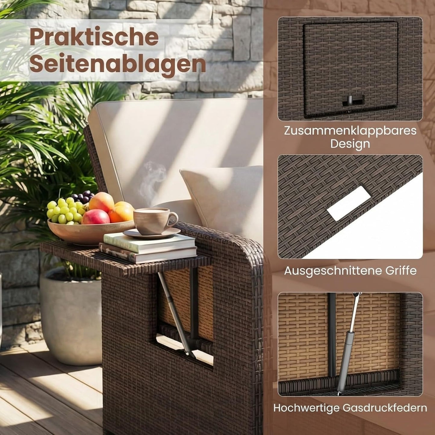 GIANTEX Rattan Lounge Gartenmöbel Set 2-Sitzer mit Doppelliege & Hocker, Outdoor Sofa mit Stauraum, verstellbar für Balkon & Terrasse