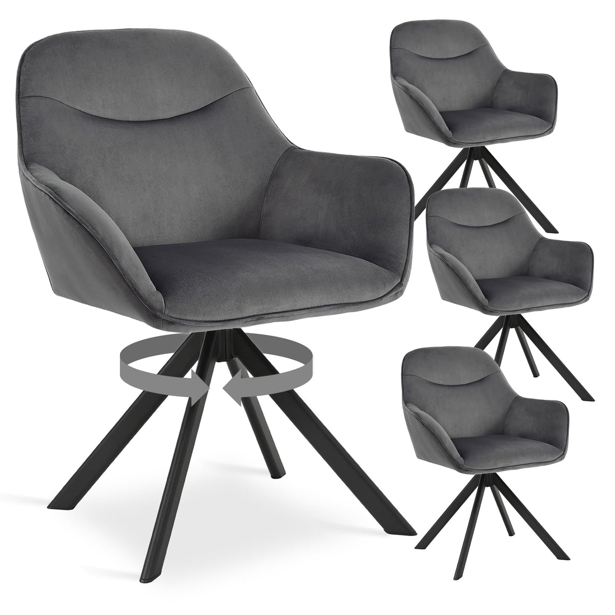 6er Set Esszimmerstühle Drehbar mit Armlehne, 360° Drehstuhl Polsterstuhl Samt Modern Küchenstuhl mit Metallbeine für Esszimmer, Wohnzimmer, Büro, Dunkelgrau