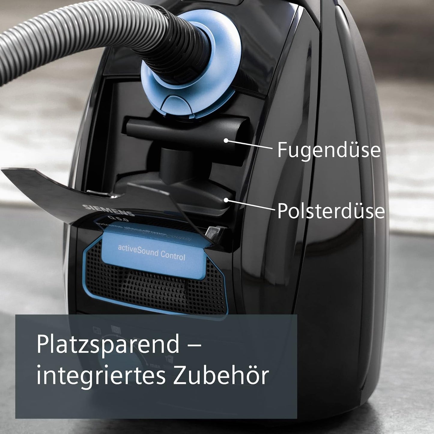 Siemens Staubsauger mit Beutel Q5.0 extreme silencePower VSQ5X1230, ideal für Allergiker, Hygiene-Filter, starke Saugleistung, Bodendüse für Parkett, Teppich, Fliesen, langes Kabel, 850 W, schwarz