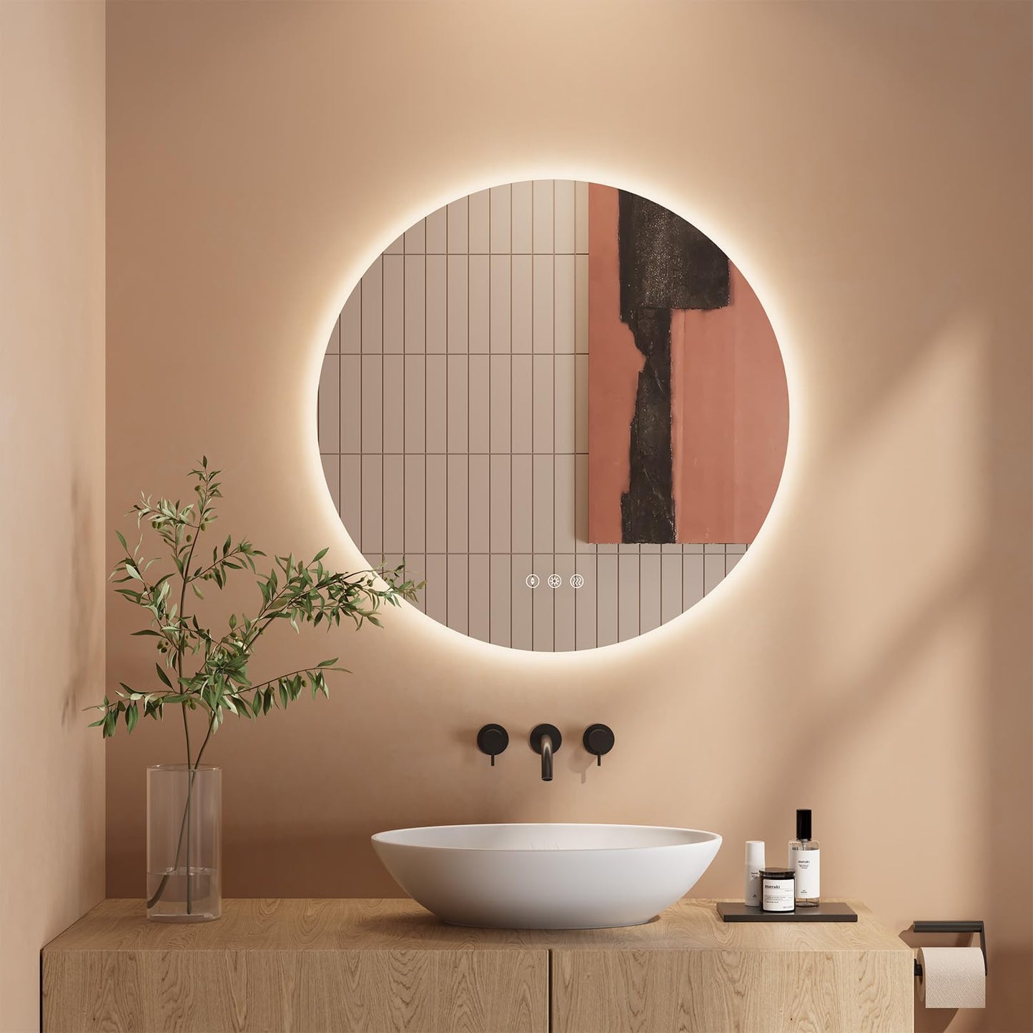 Dripex Badezimmerspiegel Led Badspiegel Rund, Touch-Schalter, Dimmbar, 3 Lichtfarbe Einstellbare Spiegel Bad mit Beleuchtung, LED Wandspiegel mit Licht, Beschlagfrei 80x80 cm