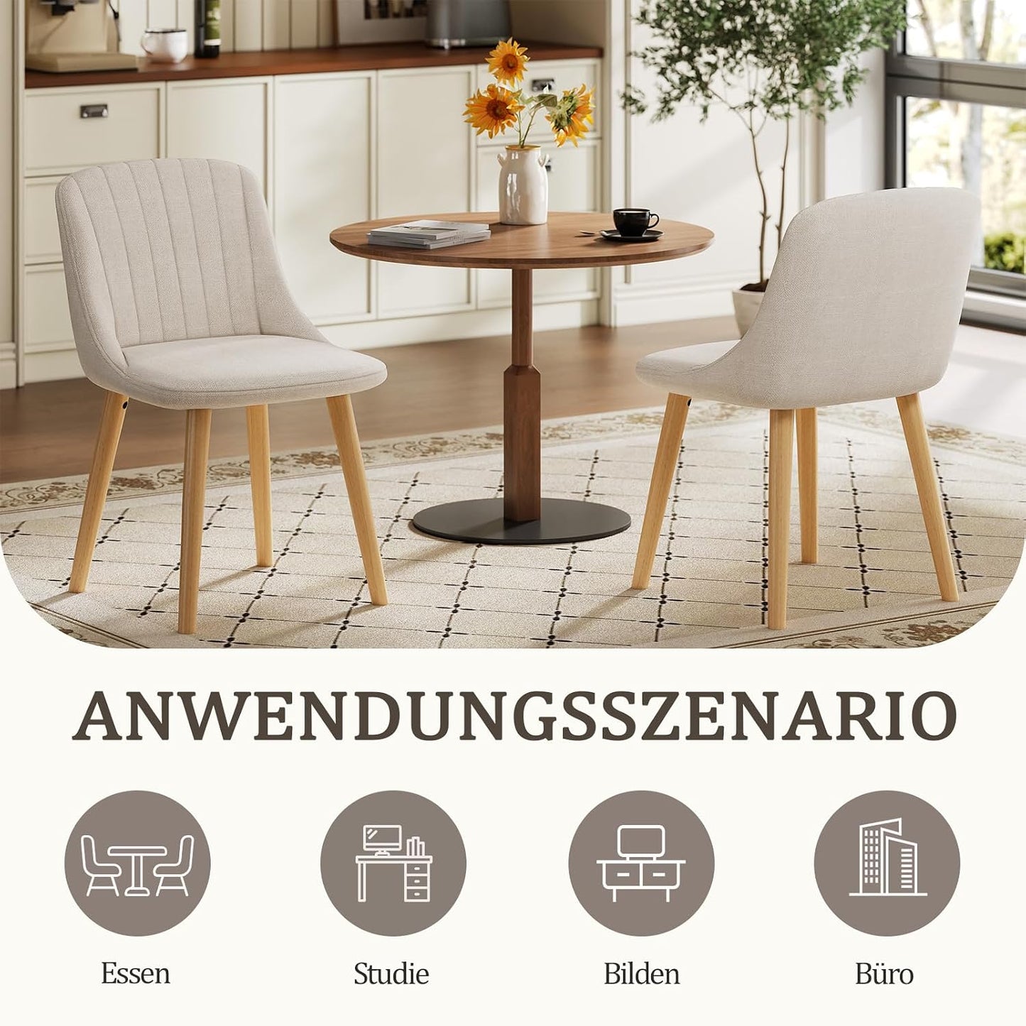 Esszimmerstühle Beige 4er Set Holzbeine Polsterstuhl Küchenstuhl aus Polyester Stühle Esszimmer Wohnzimmerstuhl für Esszimmer Küche Büro
