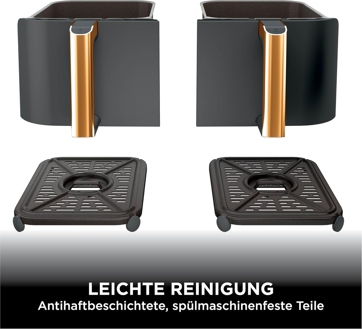 Ninja Foodi MAX Dual Zone Heißluftfritteuse, 9,5L Airfryer, 2 Fächer, mit Zange, Antihaftbeschichtung, spülmaschinenfeste Körbe, 6-in-1, Amazon Exklusiv, Kupfer/Schwarz, AF400EUCP