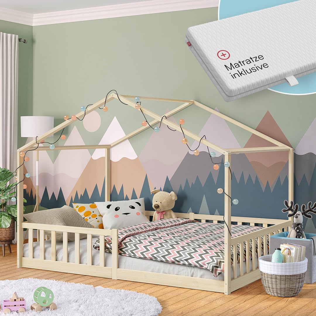 Bellabino Bia Kinderbett 120x200 cm, Bodenbett, Weiß, mit Rausfallschutz