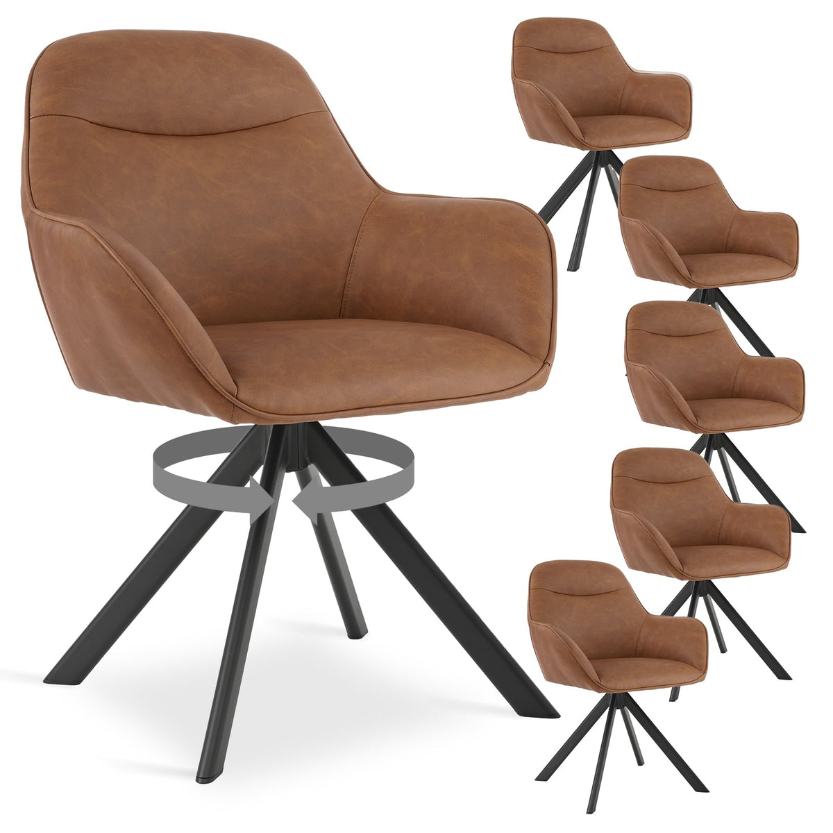 6er Set Esszimmerstühle Drehbar mit Armlehne, 360° Drehstuhl Polsterstuhl Samt Modern Küchenstuhl mit Metallbeine für Esszimmer, Wohnzimmer, Büro, Dunkelgrau