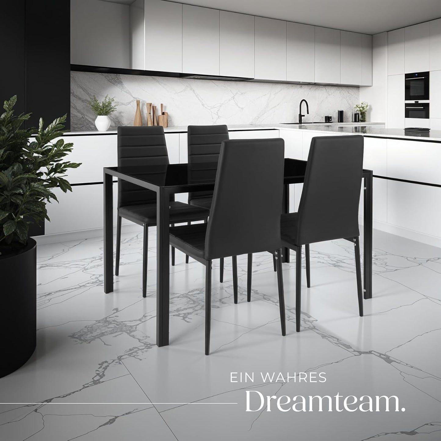 tectake Essgruppe Set Tisch und Stühle, Esstisch und 4X Stuhl, strapazierfähiges Kunstleder, Tischplatte aus Sicherheitsglas, Küchenstühle modern, Küche - schwarz