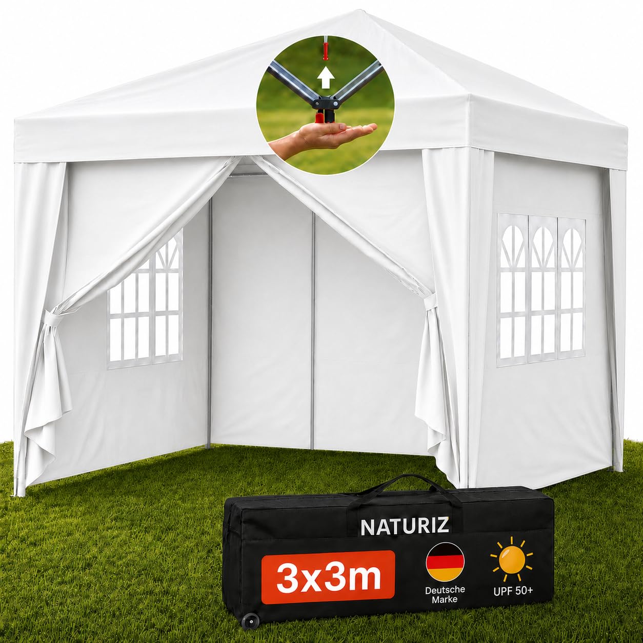 NATURIZ® Pavillon 3x3 Wasserdicht Stabil und UV 50+ Schutz - Faltpavillon mit Seitenwänden - Pop Up Zelt für Garten, Camping, Marktstand & Partyzelt, Gartenpavillon, Gartenzelt, Festzelt (Grau)