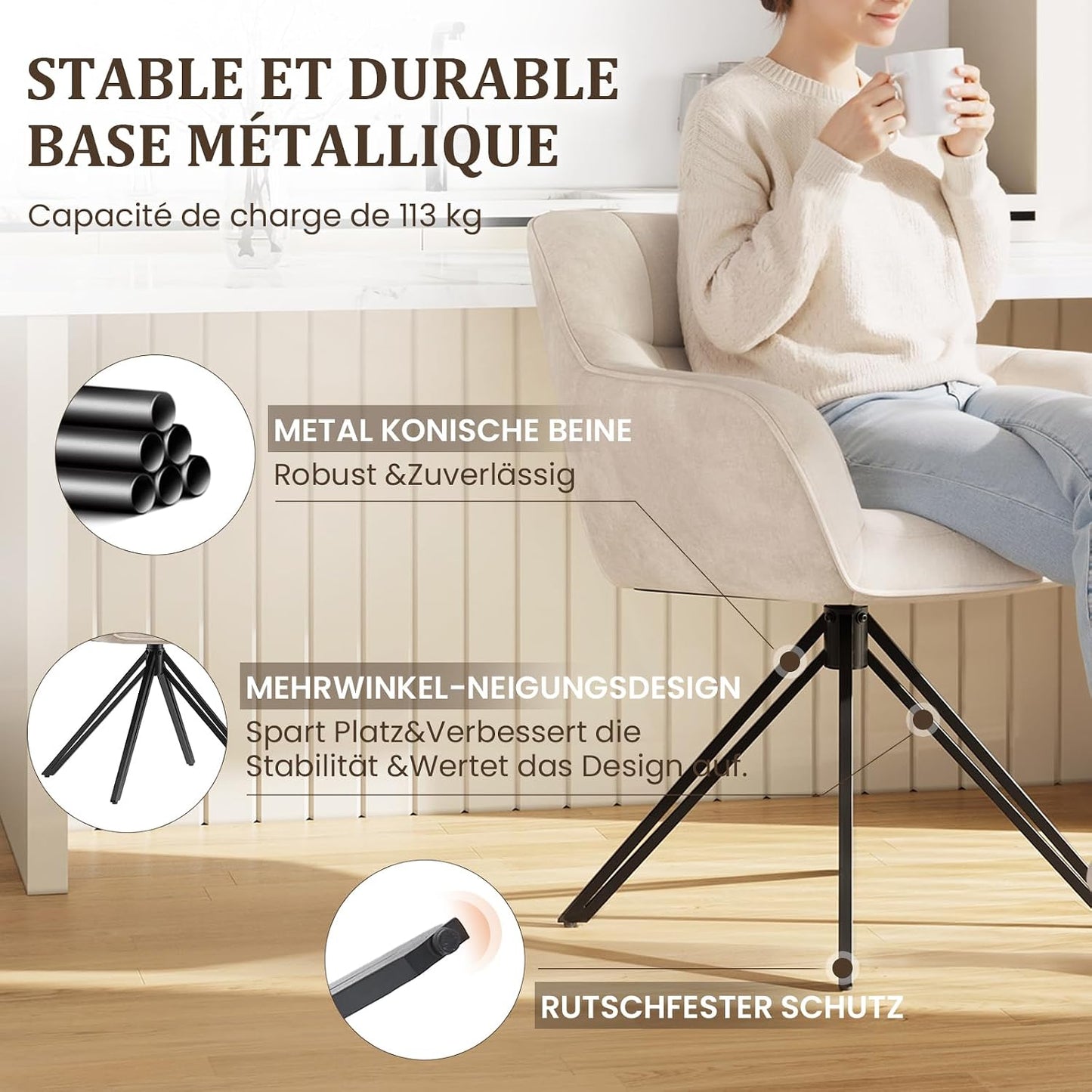 COLAMY Drehstühle für Esszimmer, 2er Set, Drehbare Polsterstühle mit Armlehnen und Rückenlehne, Bequeme Küchenstühle für Wohnzimmer & Essbereich, Beige