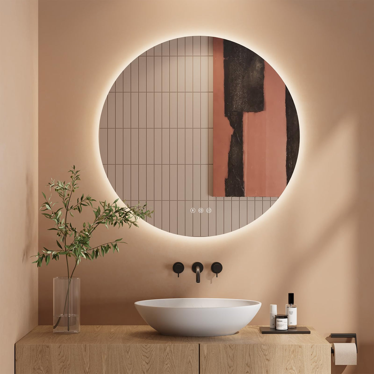 Dripex Badezimmerspiegel Led Badspiegel Rund, Touch-Schalter, Dimmbar, 3 Lichtfarbe Einstellbare Spiegel Bad mit Beleuchtung, LED Wandspiegel mit Licht, Beschlagfrei 80x80 cm