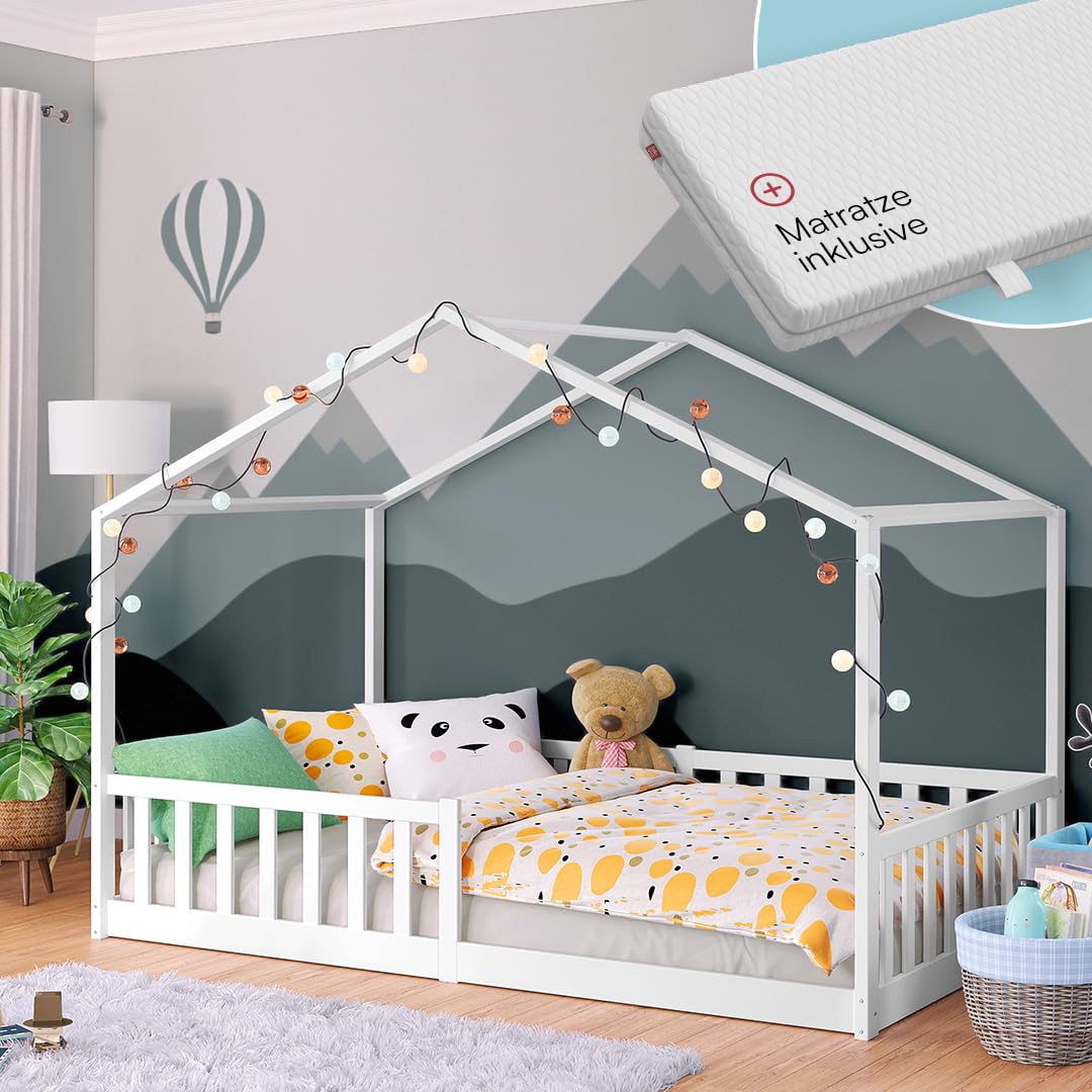 Bellabino Bia Kinderbett 120x200 cm, Bodenbett, Weiß, mit Rausfallschutz