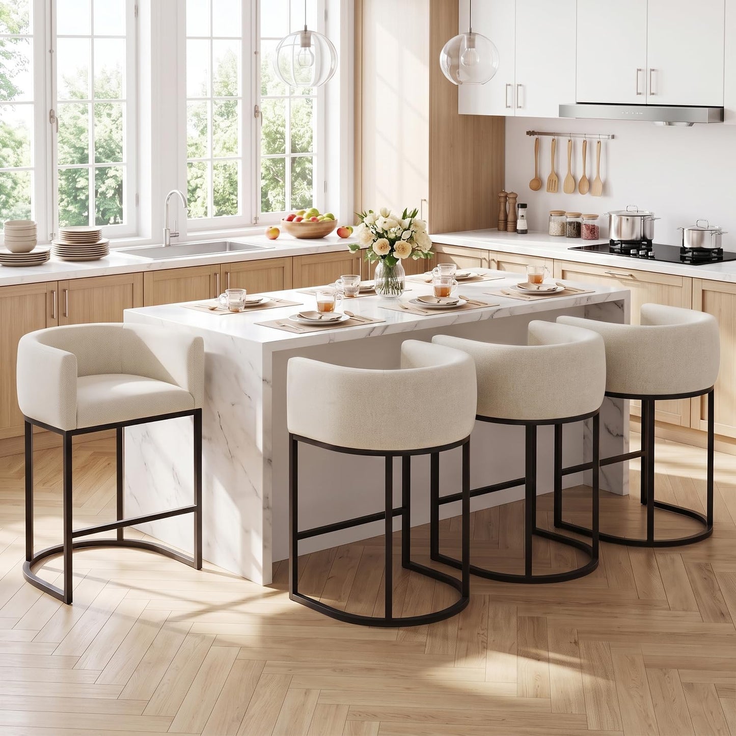 Barhocker 2er Set, 62 cm Leinen, Beige