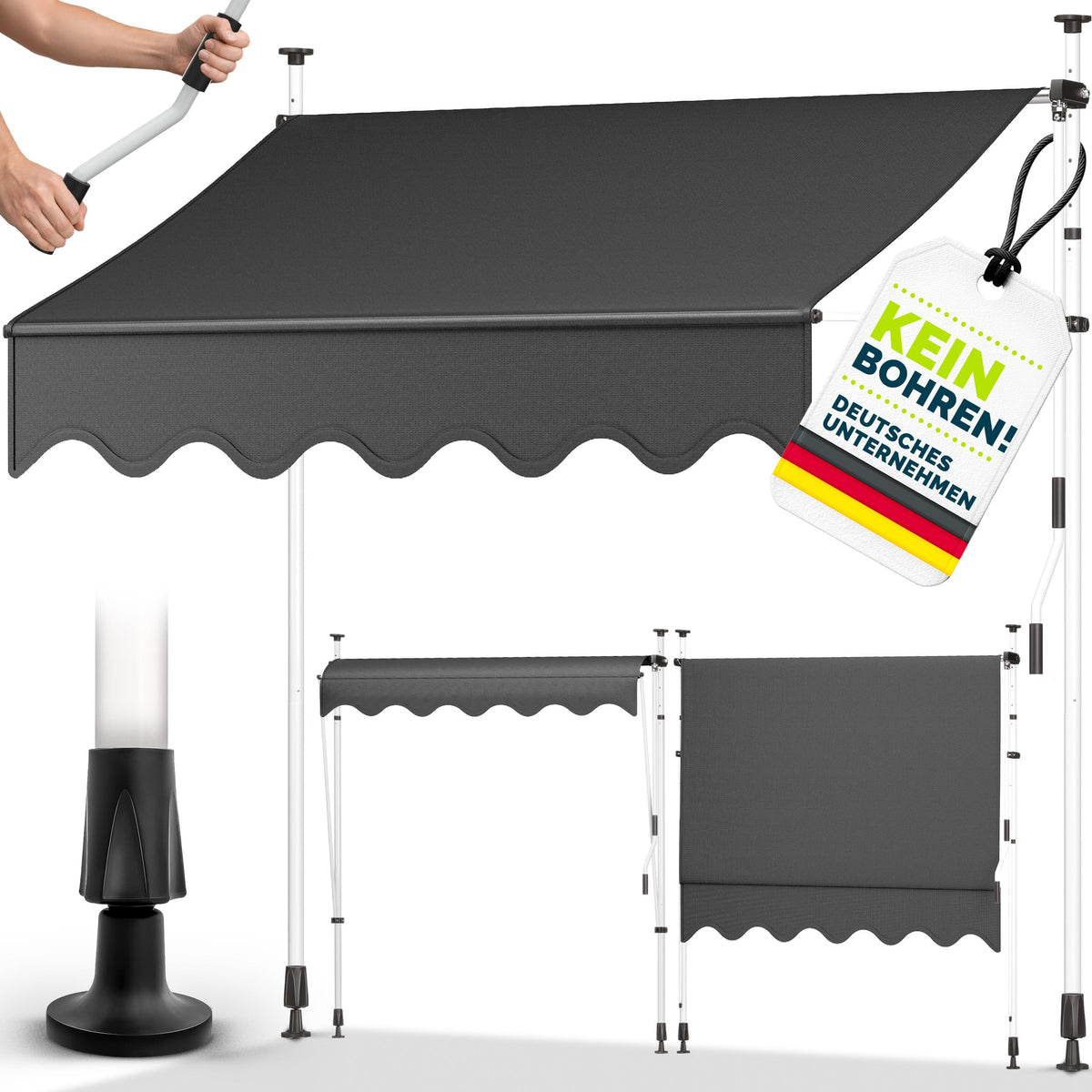 tillvex Klemmmarkise 350cm breit mit Handkurbel | Balkonmarkise ohne Bohren