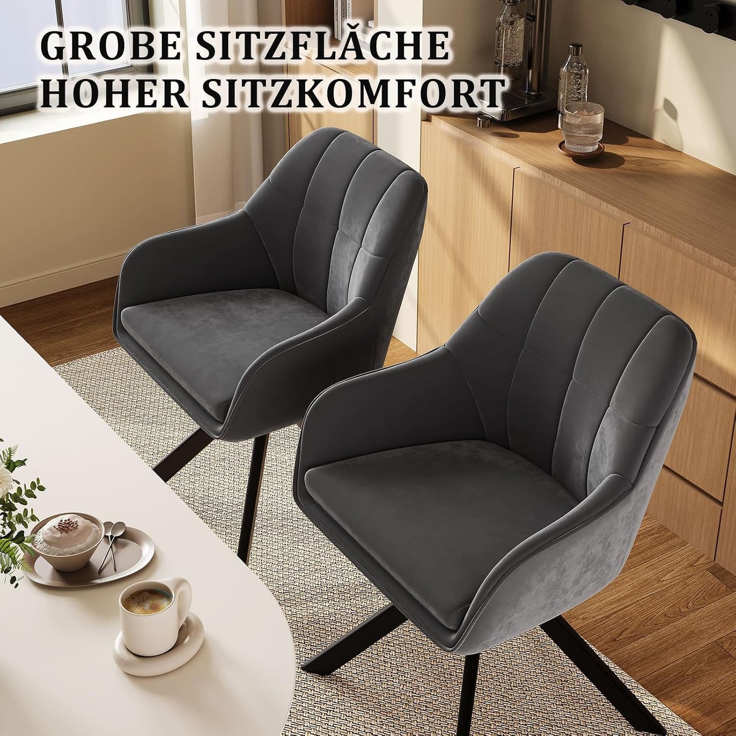 Esszimmerstühle drehbar 4er Set Grau Armlehnenstuhl Polsterstuhl drehstuhl Esszimmer drehstühle aus Samt Küchenstuhl mit Metallbeine für Wohnzimmer Esszimmer