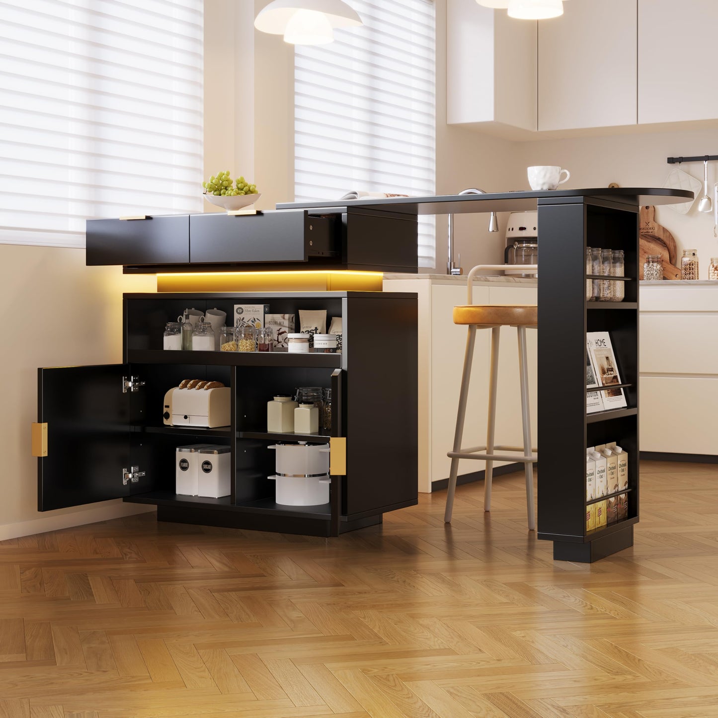 Merax Ausziehbarer Bartisch mit Stauraum, 360° drehbarer Beweglicher Bartisch Küchentheke Kücheninsel Kaffeeecke, mit Offene Ablagefächer, Glasschiebetür, Weiß/120-180 x 45 x 103 cm