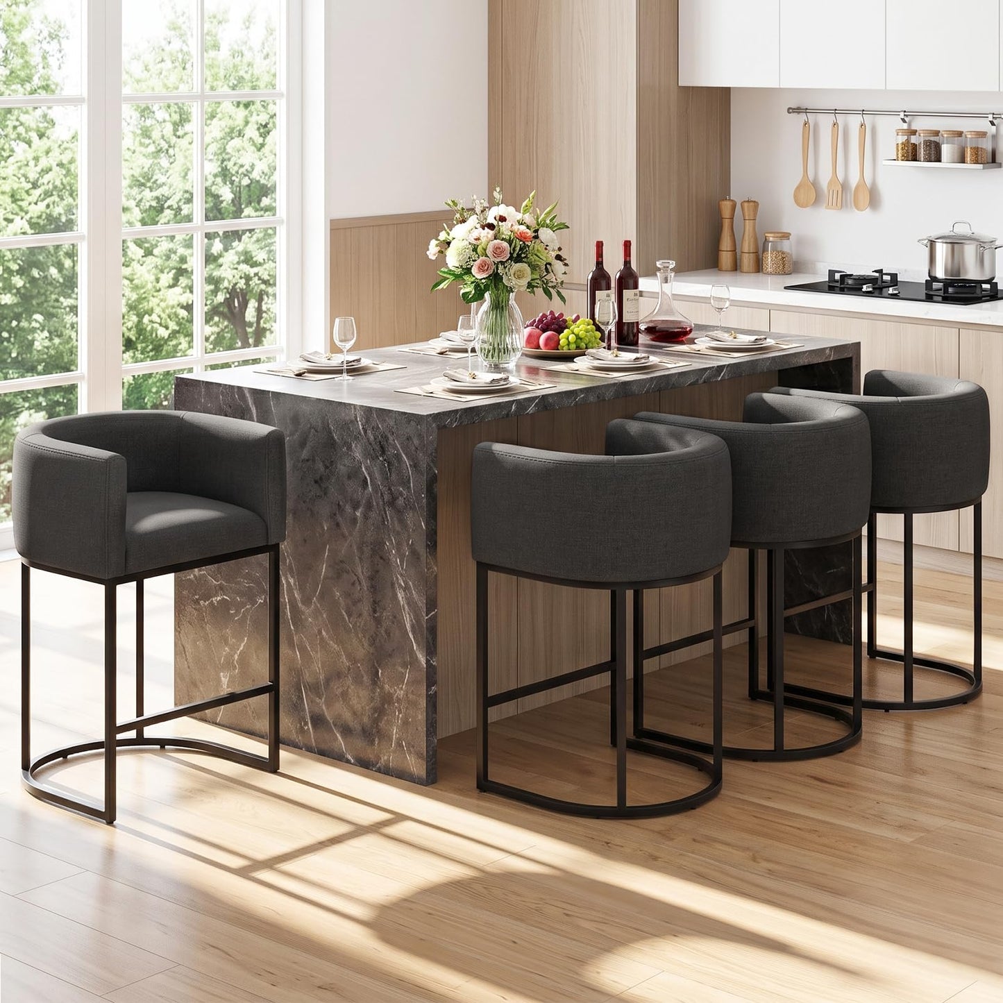 Barhocker 2er Set, 62 cm Leinen, Beige