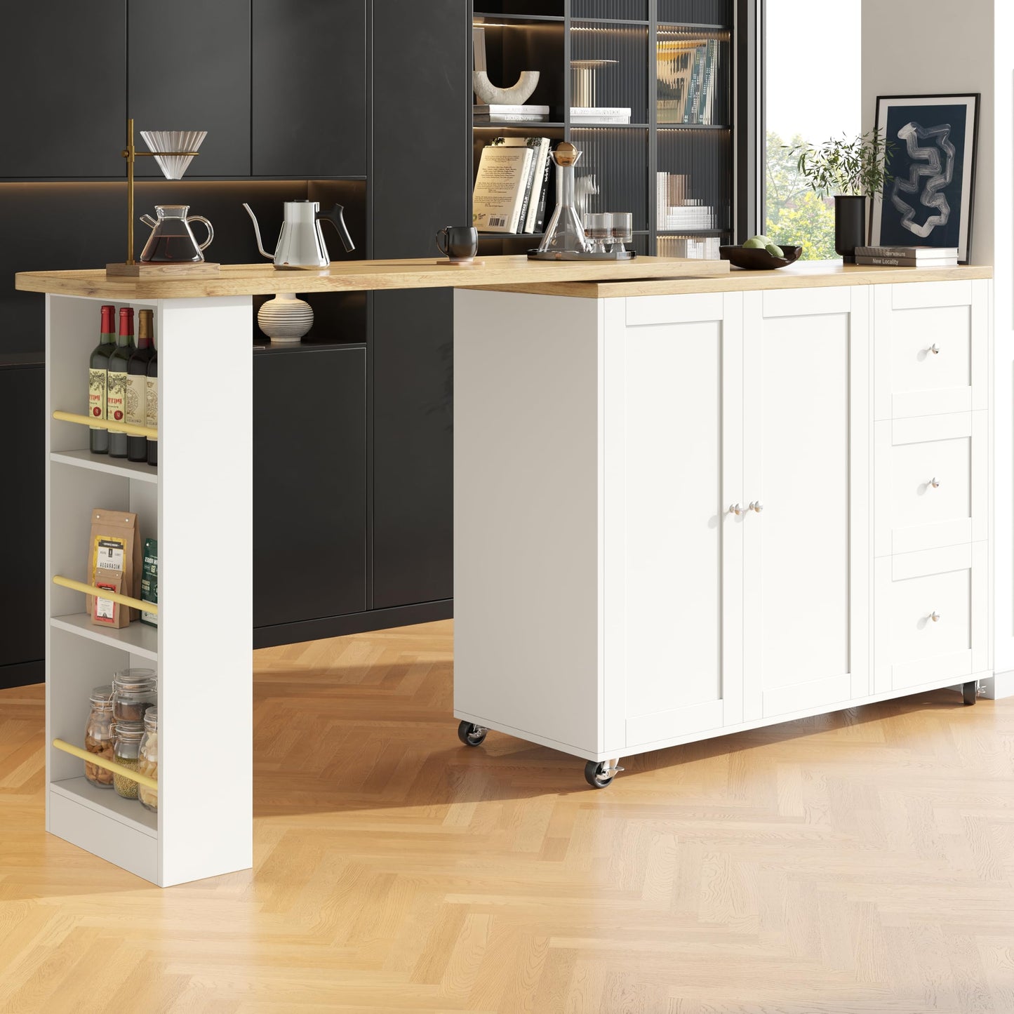 Merax Ausziehbarer Bartisch mit Stauraum, 360° drehbarer Beweglicher Bartisch Küchentheke Kücheninsel Kaffeeecke, mit Offene Ablagefächer, Glasschiebetür, Weiß/120-180 x 45 x 103 cm