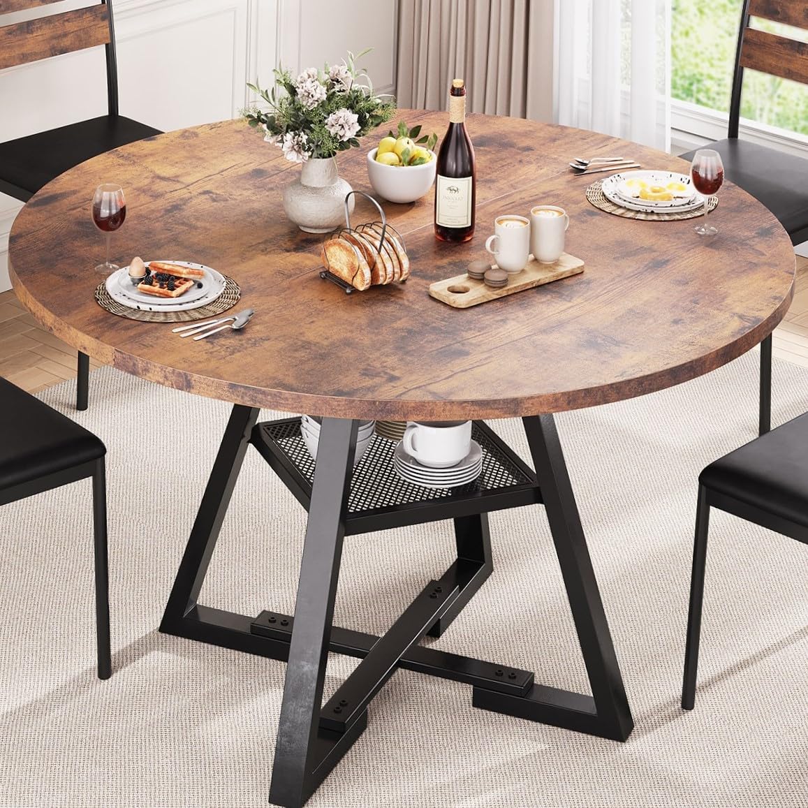 Jocoevol Esstisch Runder für 2–4 Personen, Esszimmertisch mit Ablage, platzsparender Küchentisch aus Holz im Industrial Design (Schwarz, 107x107x76cm)