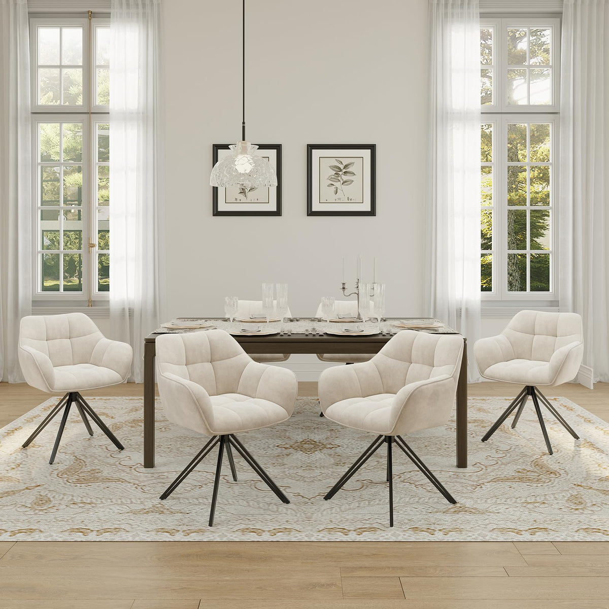 COLAMY Drehstühle für Esszimmer, 2er Set, Drehbare Polsterstühle mit Armlehnen und Rückenlehne, Bequeme Küchenstühle für Wohnzimmer & Essbereich, Beige
