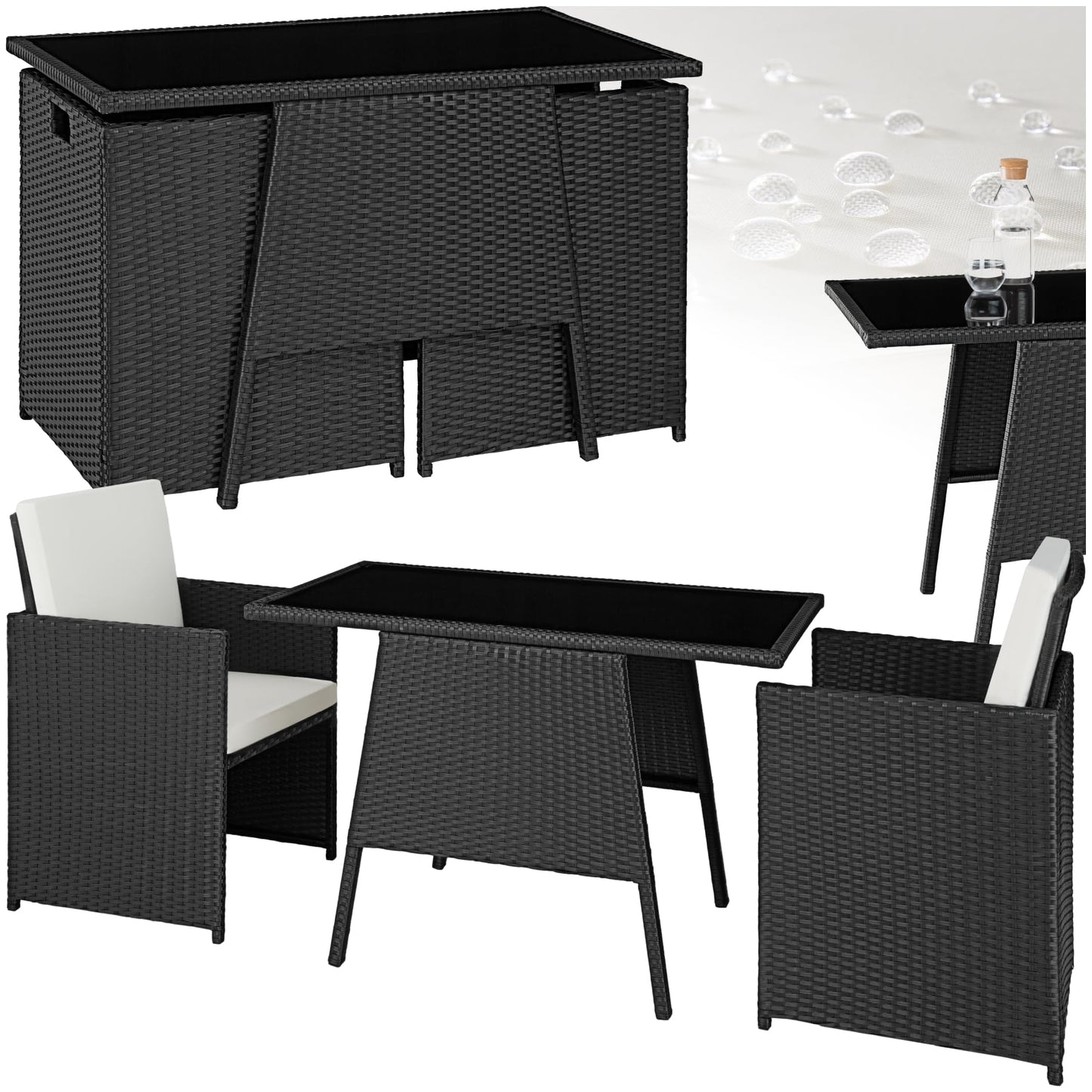 tectake Poly Rattan Balkonmöbel Set für 2 Personen Hellgrau – 2 Sessel & Tisch, Platzsparende Gartenlounge mit Kissen