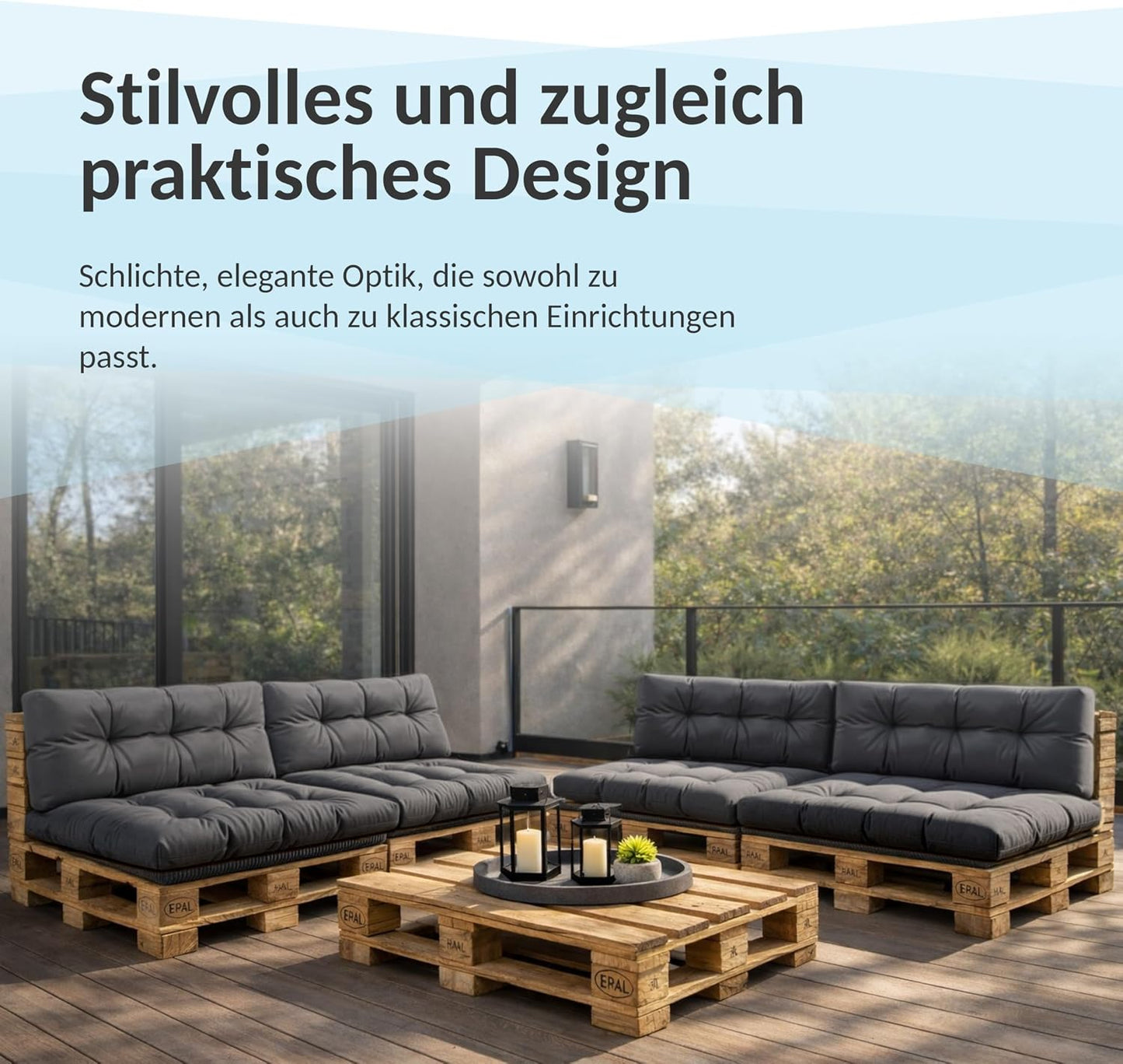 POKAR Palettenkissen Wasserabweisend Palettenauflagen Palettenmöbel Palettensofa 8er Set: Sitzkissen 120x80 + Rückenlehne 120x40, Anthrazit