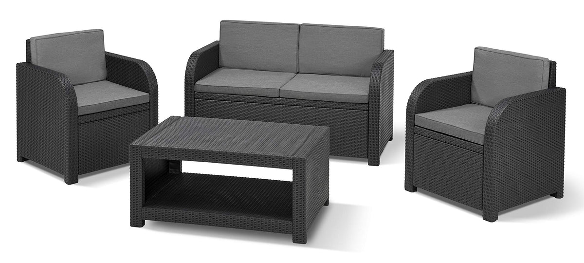 Keter Merano Gartenmöbel Set 4-teilig Grau mit Sitzkissen – Gartenlounge mit Sofa, 2 Sesseln & Tisch für Garten und Terrasse