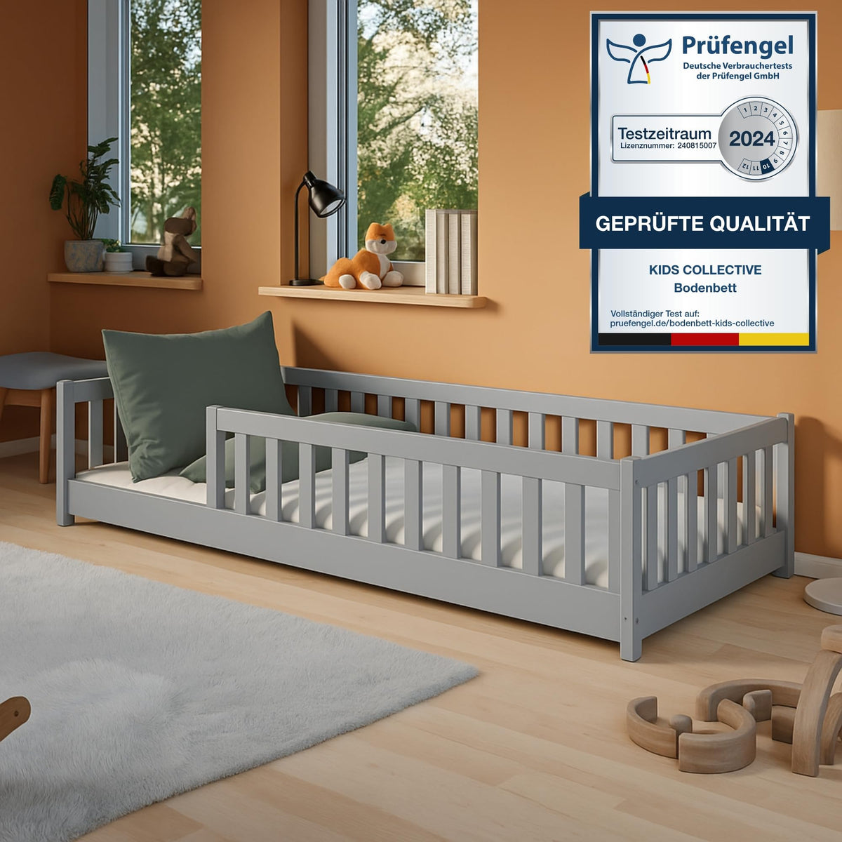 Kids Collective Kinderbett Bodenbett 120x200 cm Bett mit Rausfallschutz & Lattenrost Montessori Bett Bed Gitterbett Kinder Jugendbett Einzelbett | Natur Kiefer Holz massiv Junge Mädchen
