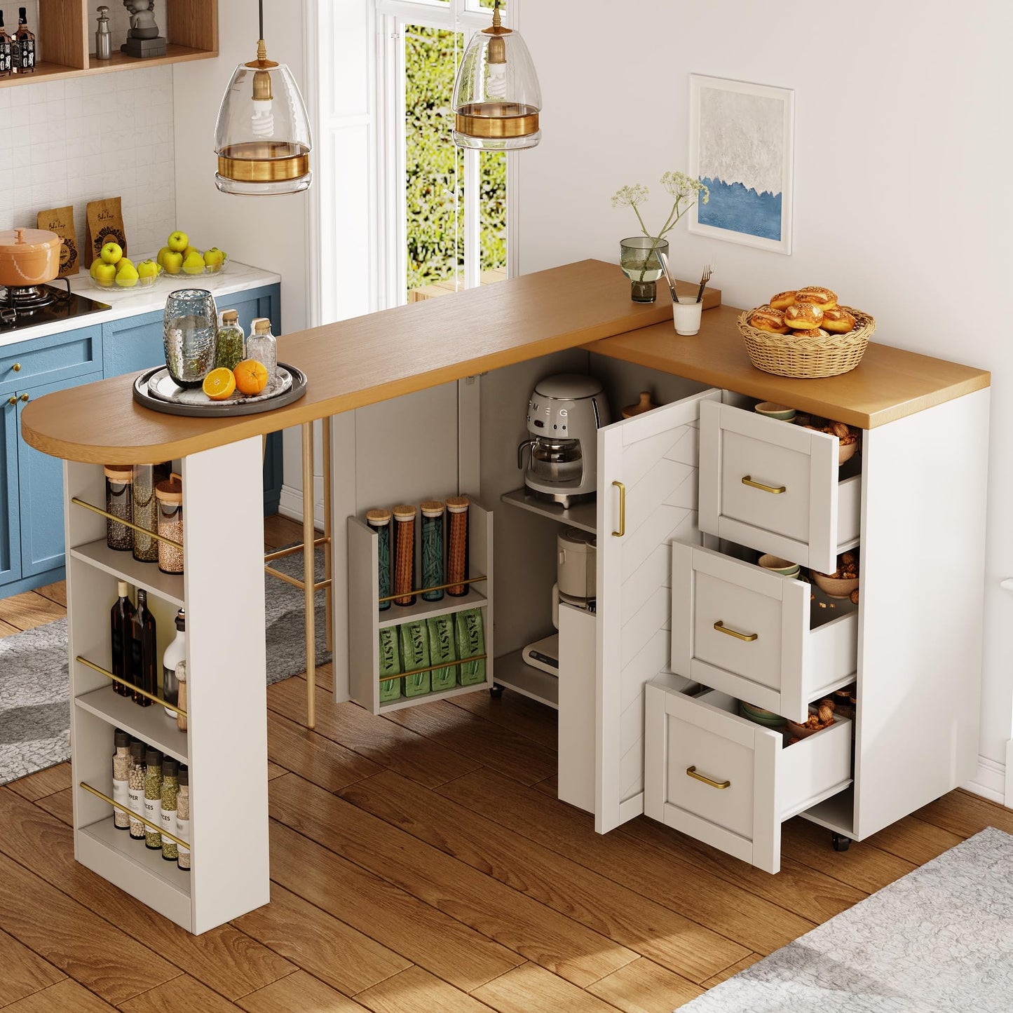 Merax Ausziehbarer Bartisch mit Stauraum, 360° drehbarer Beweglicher Bartisch Küchentheke Kücheninsel Kaffeeecke, mit Offene Ablagefächer, Glasschiebetür, Weiß/120-180 x 45 x 103 cm