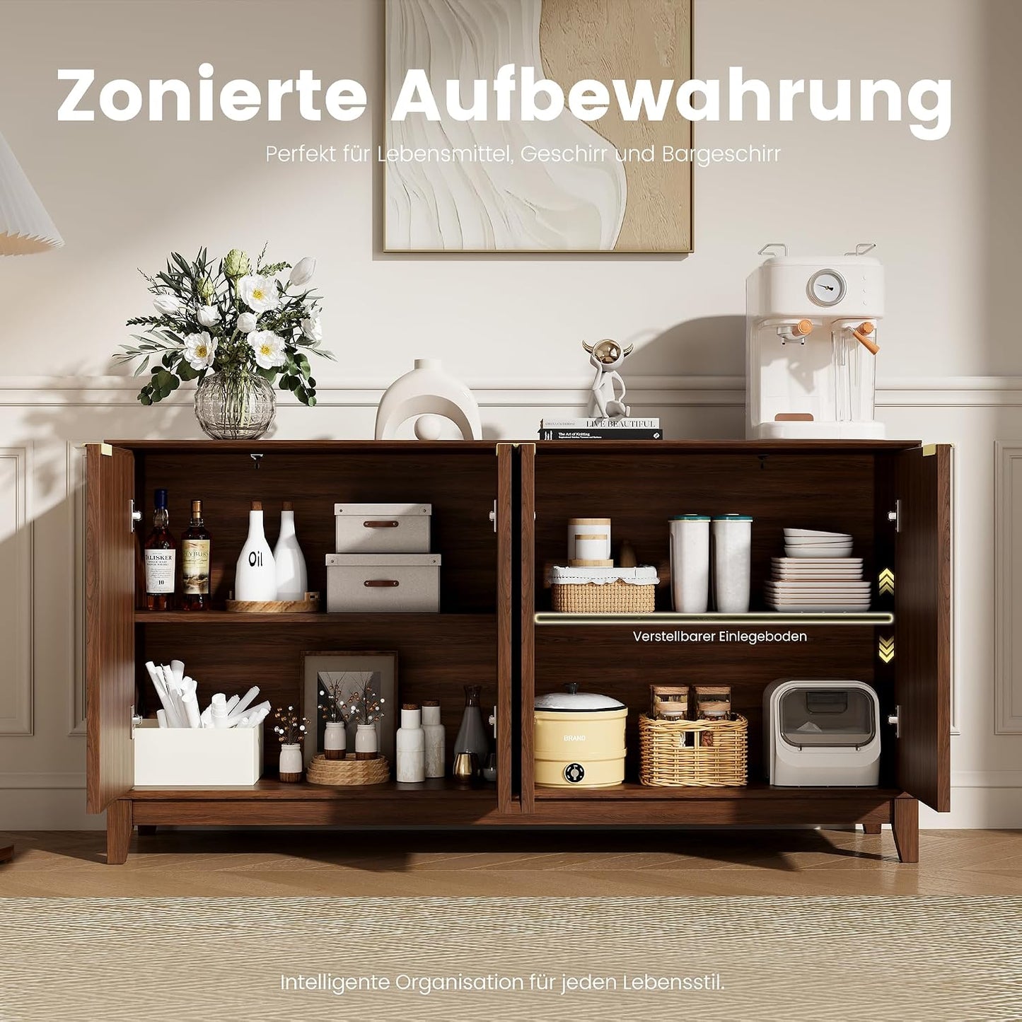 COLAMY Sideboard 150 cm Holz mit Stauraum – Modernes Sideboard für Wohnzimmer, Küchenschrank mit verstellbaren Einlegeböden, Buffet Schrank mit 3D Holzfront, Walnut