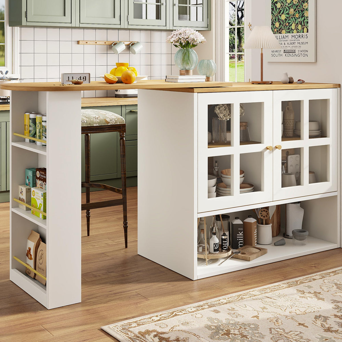 Merax Ausziehbarer Bartisch mit Stauraum, 360° drehbarer Beweglicher Bartisch Küchentheke Kücheninsel Kaffeeecke, mit Offene Ablagefächer, Glasschiebetür, Weiß/120-180 x 45 x 103 cm