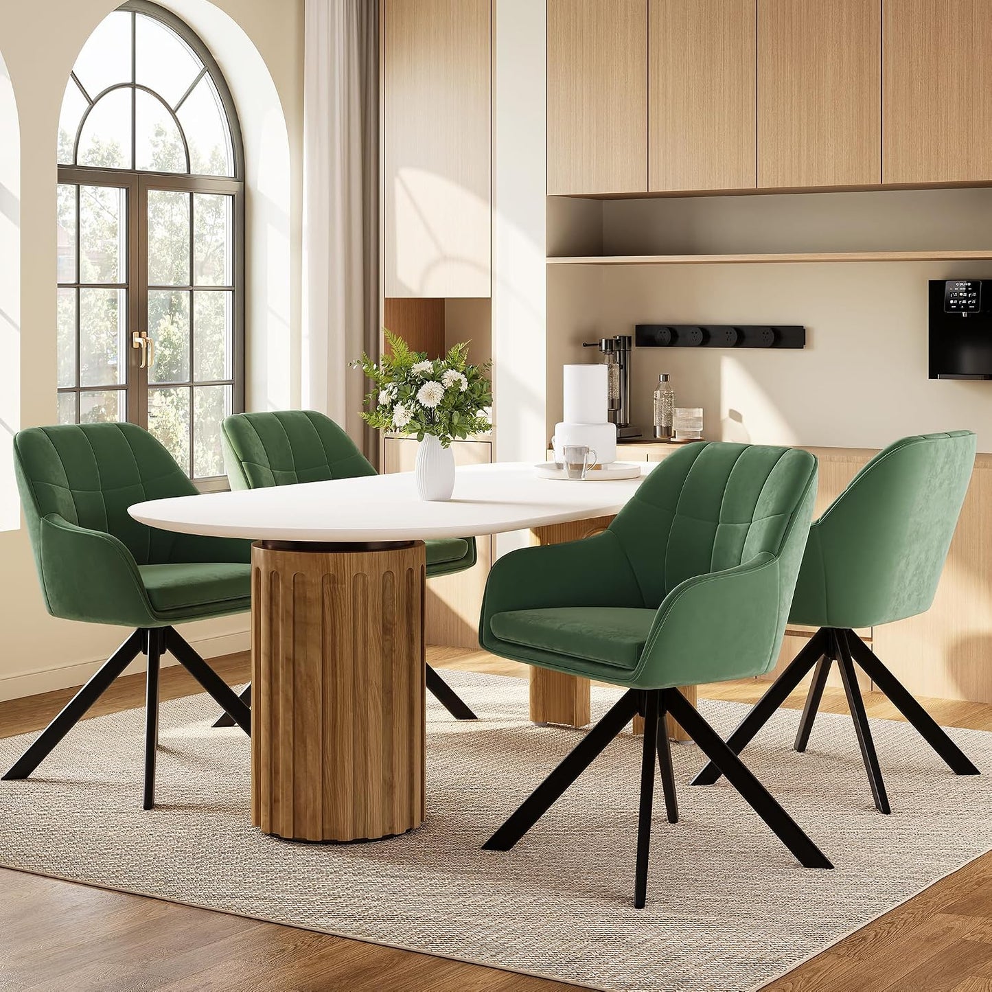 Drehstuhl Esszimmer 4er Set Samt Grün mit Armlehne Polsterstuhl Esszimmerstühle drehbar Küchenstuhl mit Metallbeine für Wohnzimmer Esszimmer