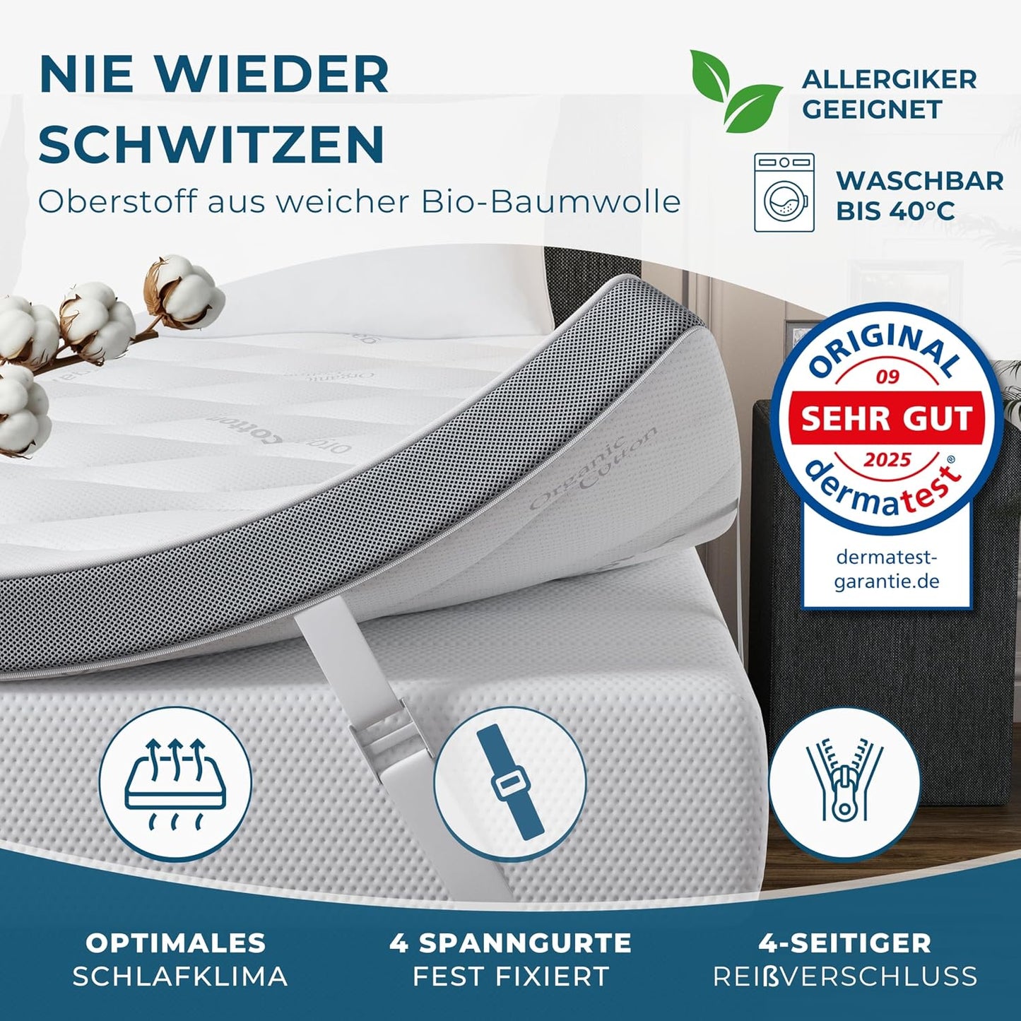 Deluxe Gel Topper 180x200cm | Oberstoff aus 100% Bio-Baumwolle | wolkenweicher 7-Zonen Matratzentopper 180x200cm | Hohes RG 50 | 8cm Matratzen Topper 180x200 |Luxus Matratzenauflage Geltopper