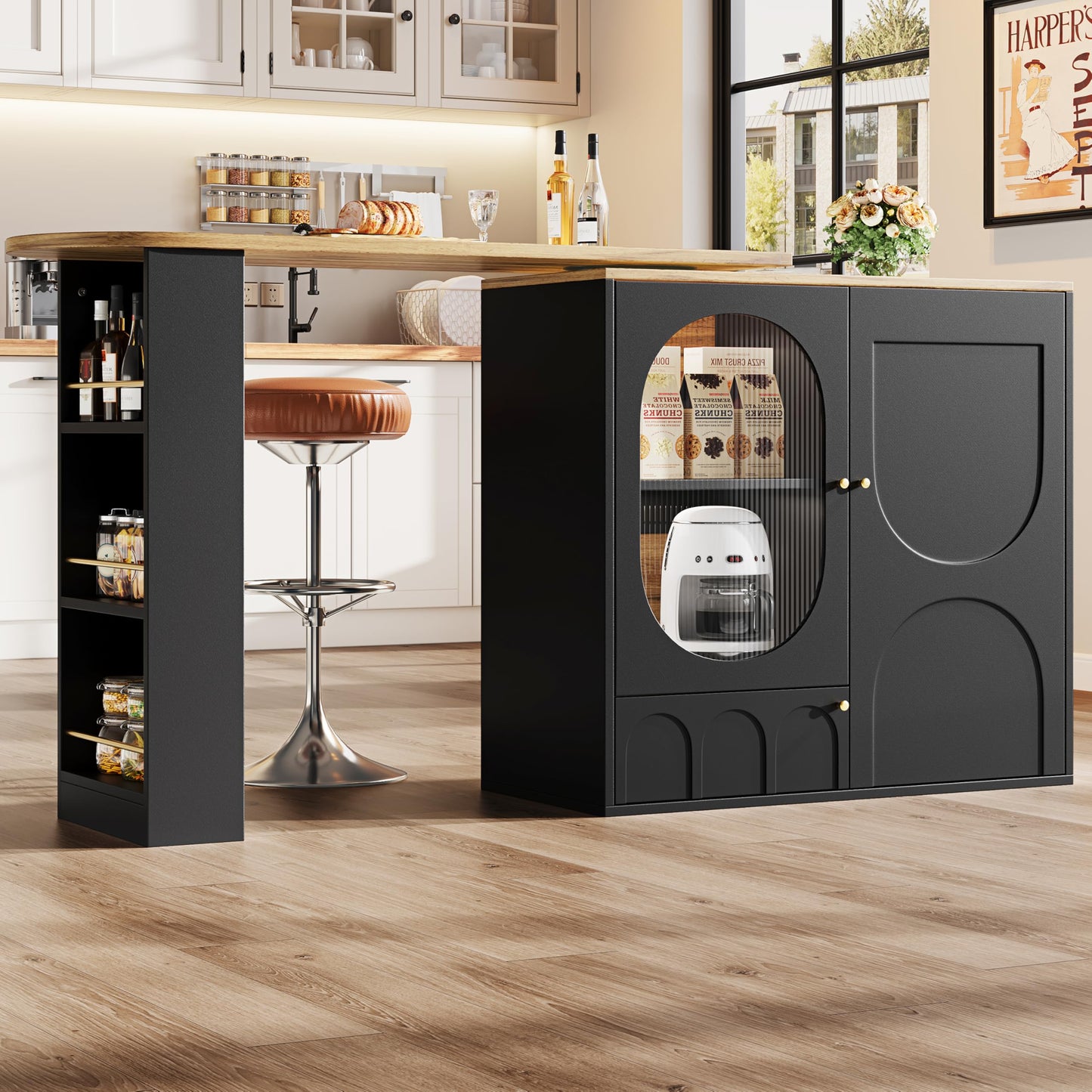 Merax Ausziehbarer Bartisch mit Stauraum, 360° drehbarer Beweglicher Bartisch Küchentheke Kücheninsel Kaffeeecke, mit Offene Ablagefächer, Glasschiebetür, Weiß/120-180 x 45 x 103 cm