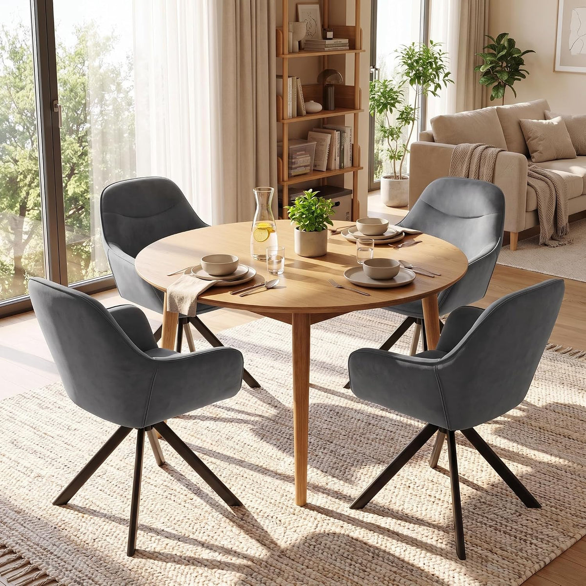6er Set Esszimmerstühle Drehbar mit Armlehne, 360° Drehstuhl Polsterstuhl Samt Modern Küchenstuhl mit Metallbeine für Esszimmer, Wohnzimmer, Büro, Dunkelgrau