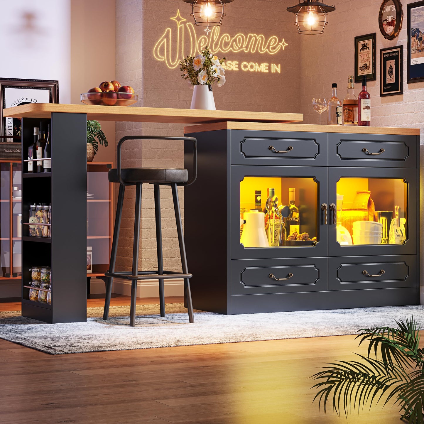 Merax Ausziehbarer Bartisch mit Stauraum, 360° drehbarer Beweglicher Bartisch Küchentheke Kücheninsel Kaffeeecke, mit Offene Ablagefächer, Glasschiebetür, Weiß/120-180 x 45 x 103 cm